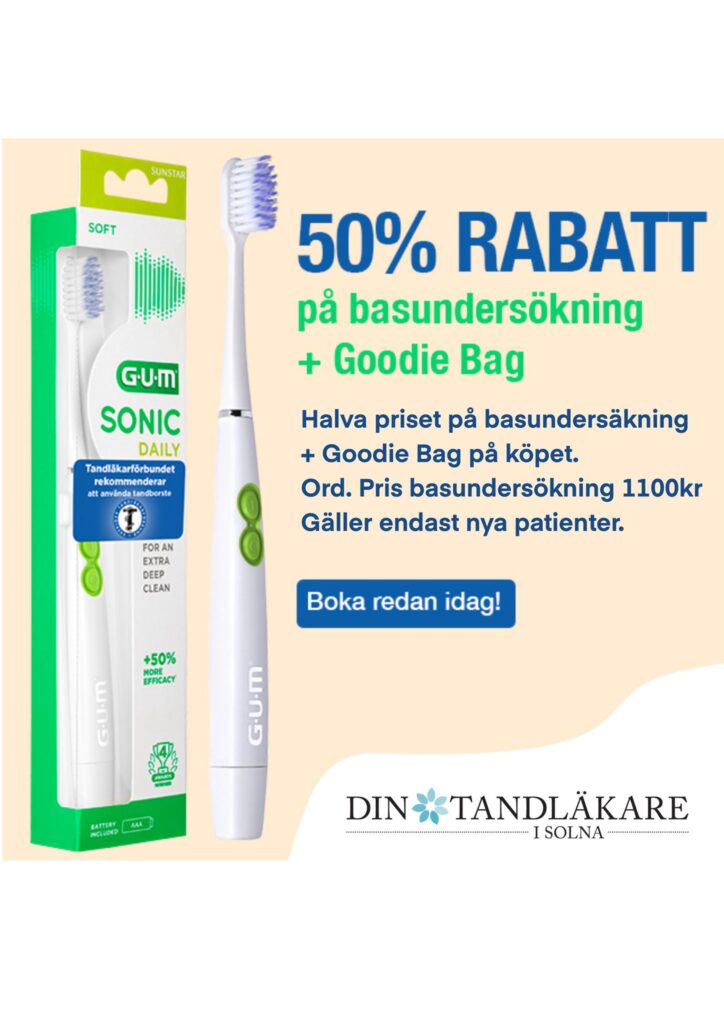Text Erbjudande 50% på basundersökning + goodie bag och bild på en tandborste.