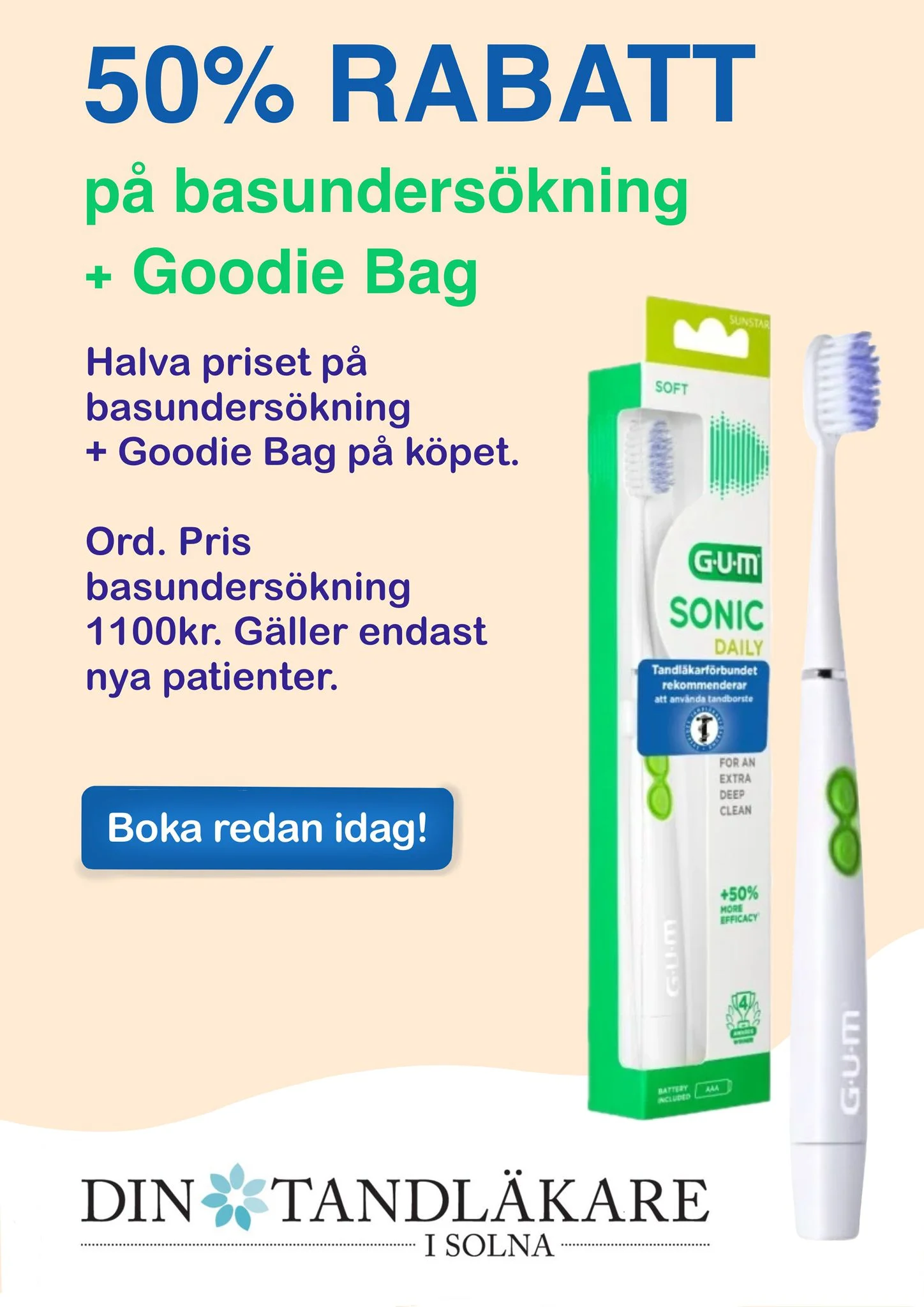 50 % rabatt för nya patienter på basundersökning hos Din Tandläkare i Solna
