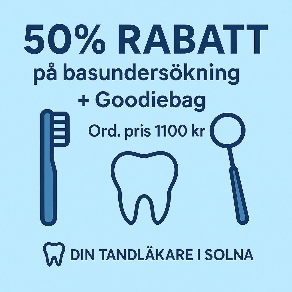 Digital banner med ljusblå bakgrund (#B7EAFB), text ‘50 % RABATT på basundersökning + Goodiebag’, rad under med ‘Ord. pris 1100 kr’, ikoner av en tandborste, ett tandmotiv och en undersökningsspegel, samt logotypen ‘Din Tandläkare i Solna’ längst ner.