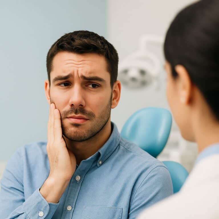 Manlig patient med tandvärk håller sig mot kinden i tandläkarstol, kvinnlig tandläkare i bakgrunden.